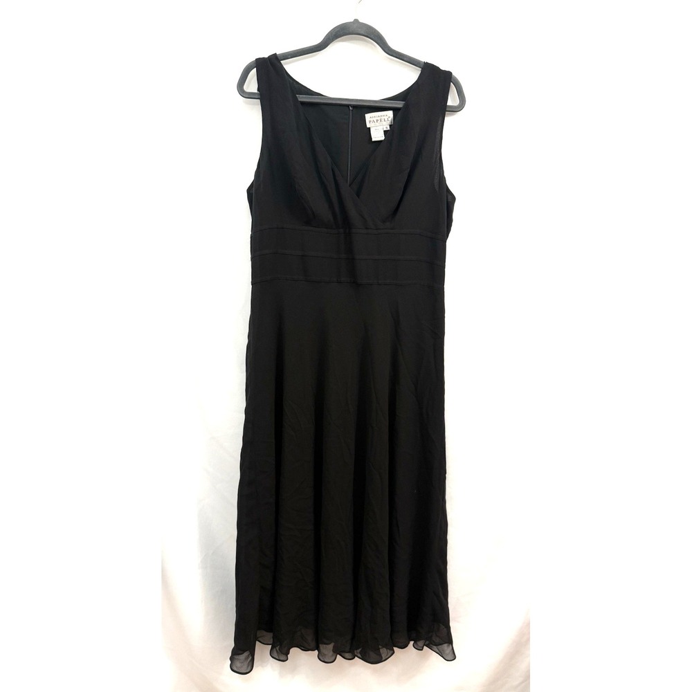 VTG‎ Adrianna Papell 100% Silk Black Dress Sleeveless Midi V-Neck Cocktail Sz 16